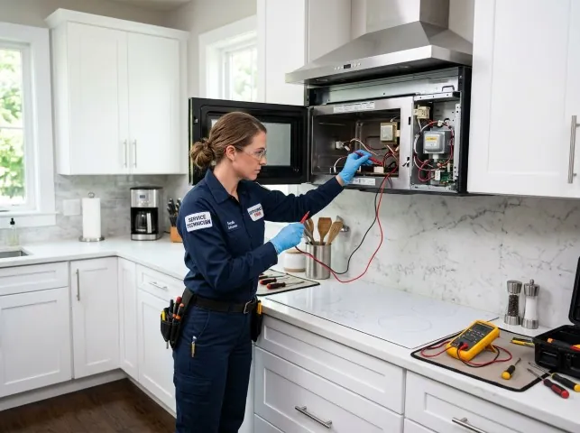 Appliance Repair Hero technician testing an over-the-range microwave in a Arroyo Grande, CA kitchen